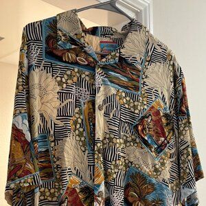 REYN SPOONER Joe Kealoha’s Hawaiian Shirt Hula Girl Aloha Volcano Postcard Sz XL